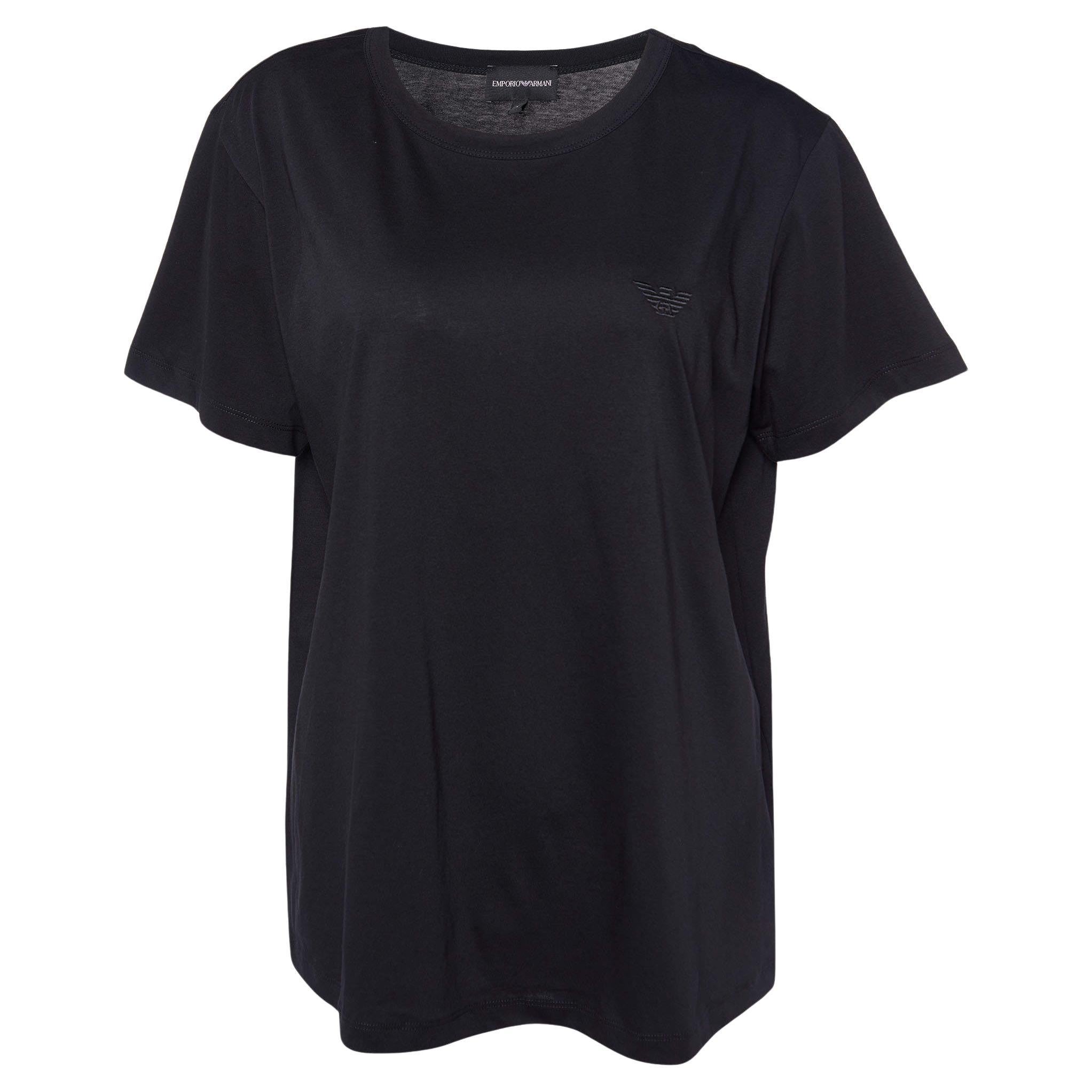 Emporio Armani Schwarzes Baumwoll-Strick-T-Shirt mit Velours-Muster L im Angebot