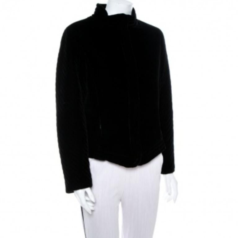 Emporio Armani Black Velvet Quilt Detail Stand Collar Jacket L For Sale 1