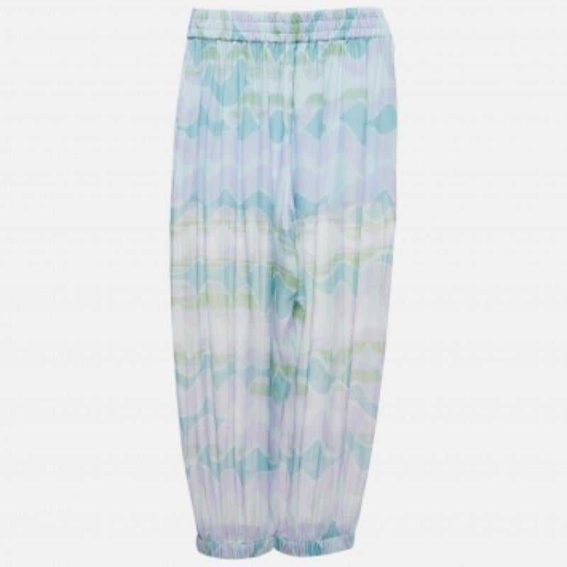Set giacca e pantaloni in seta con stampa astratta blu di Emporio Armani M. In condizioni ottime a Dubai, Al Qouz 2