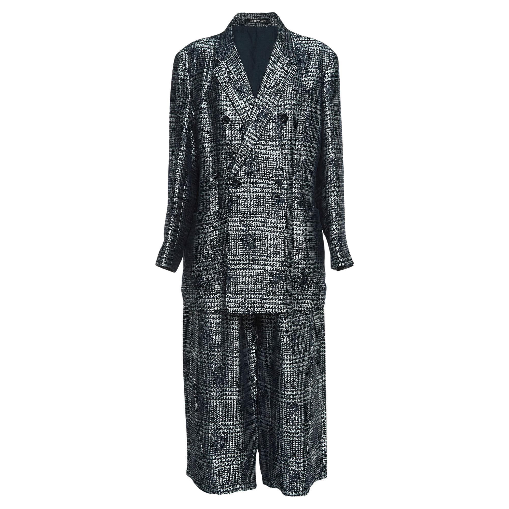 Emporio Armani Blue Checked Linen Blend Double Breasted Suit XL