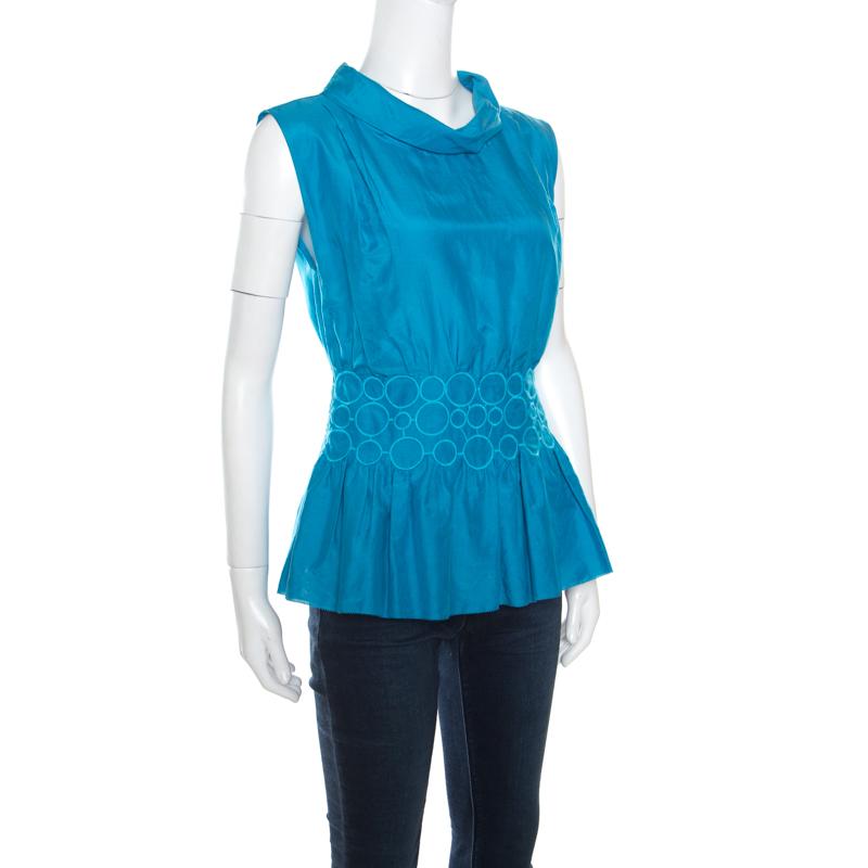 Emporio Armani Blue Embroidered Cotton and Silk Sleeveless Peplum Top S In Good Condition In Dubai, Al Qouz 2