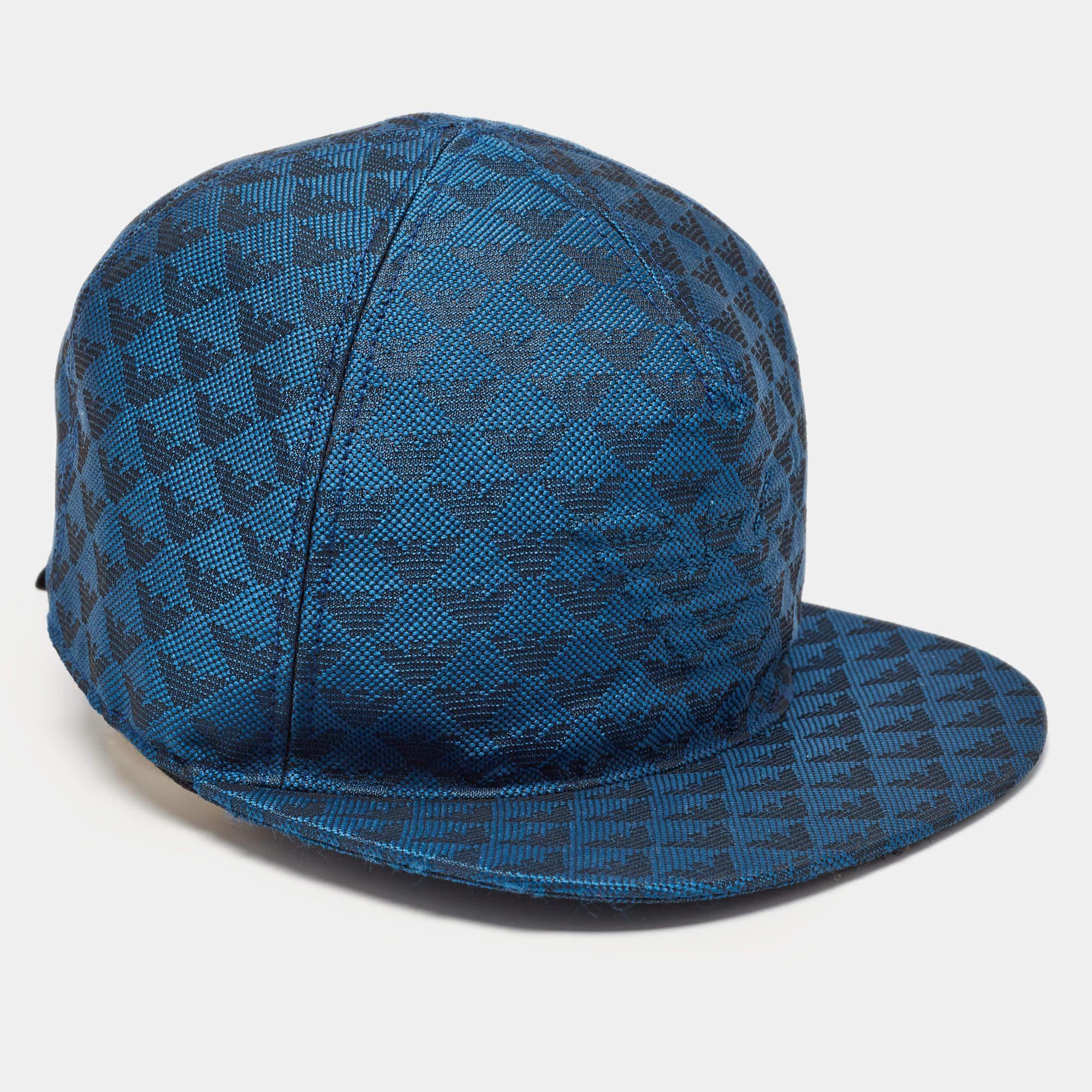 Baseball caps are an ideal style statement with casual outfits. Made in Italy, this blue Emporio Armani piece is crafted from quality material and features the brand's monogram all over, with the logo stitched on the front. This piece will be a