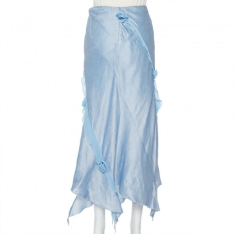Emporio Armani Blue Linen & Silk Floral Applique Trim Detail Midi Skirt M In Good Condition For Sale In Dubai, Al Qouz 2