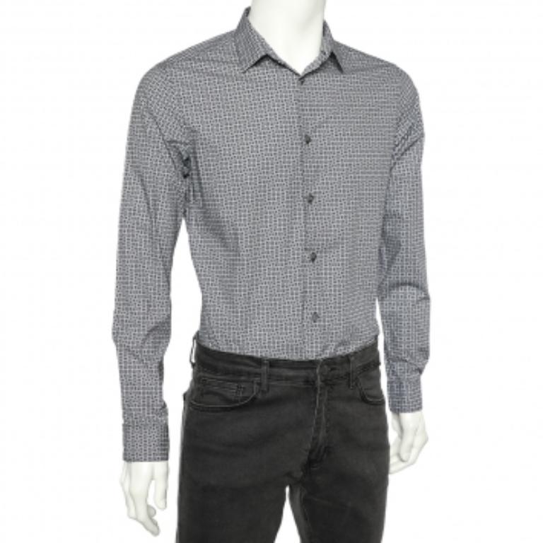 Emporio ARMANI Camisa Slim Fit Logotipo Azul Algodón M Gris en venta