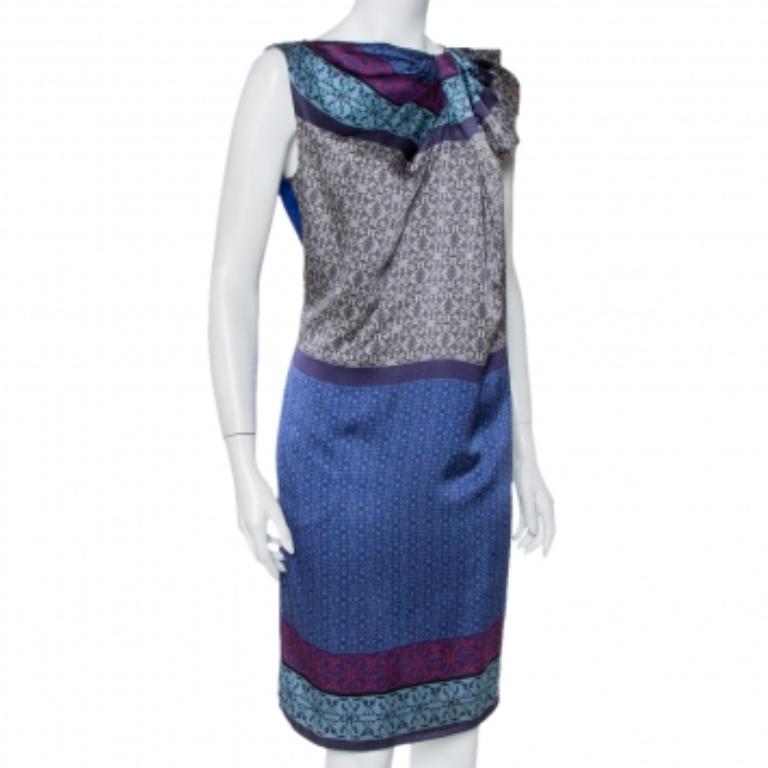 Women's Emporio Armani Blue Printed Silk Draped Neck Detail Shift Dress M For Sale