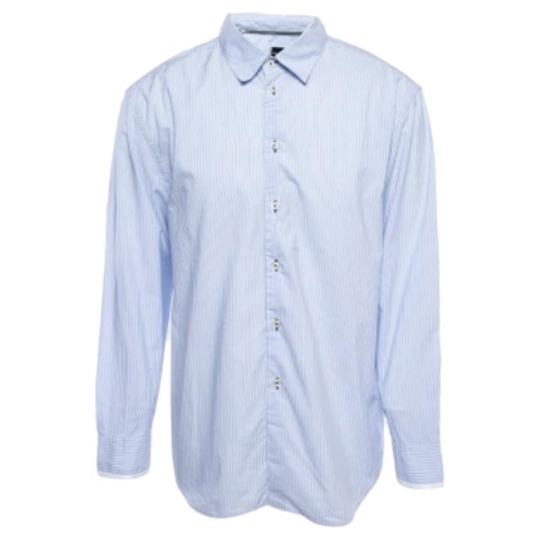 Emporio Armani Blau gestreiftes Baumwollhemd mit Knopfleiste und langen Ärmeln XXL