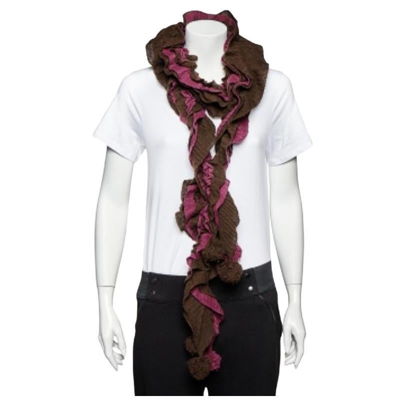 Emporio Armani Brown & Magenta Ruffled Pom Pom Detail Wool Stole