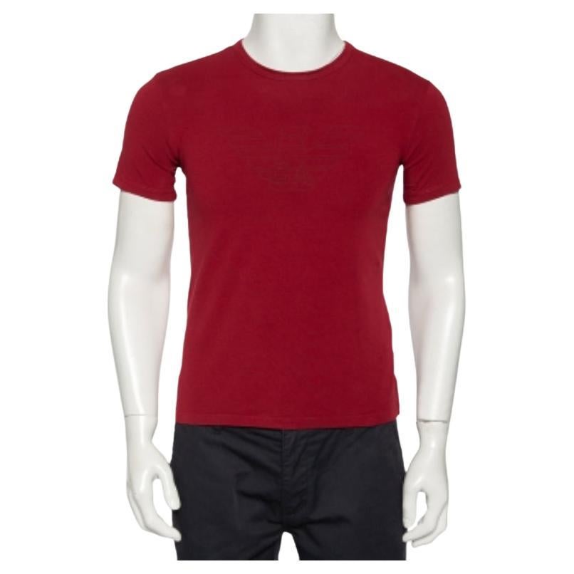Emporio Armani Burgundy Logo Printed Cotton Crewneck T-Shirt M