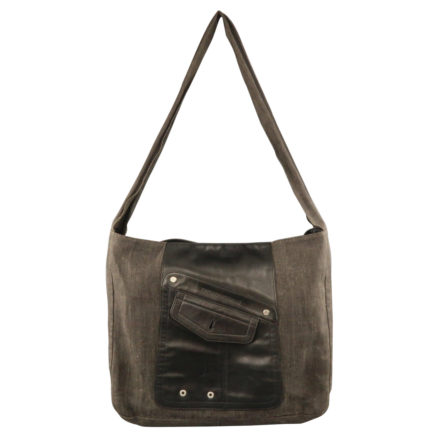 EMPORIO ARMANI Borsa oversize in tela di cotone Coates con patch in pelle, color carbone