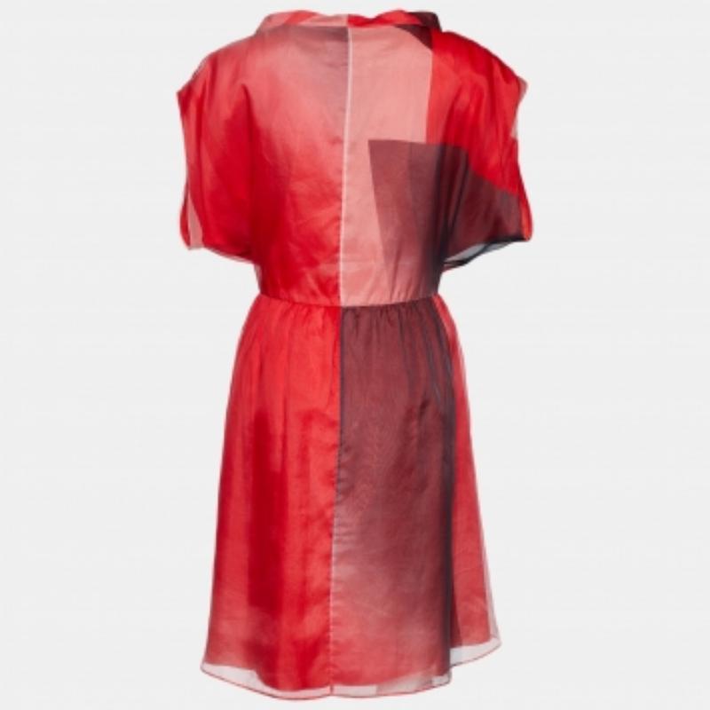 Emporio Armani - Robe midi à col bénitier en soie à blocs de couleur L Pour femmes en vente