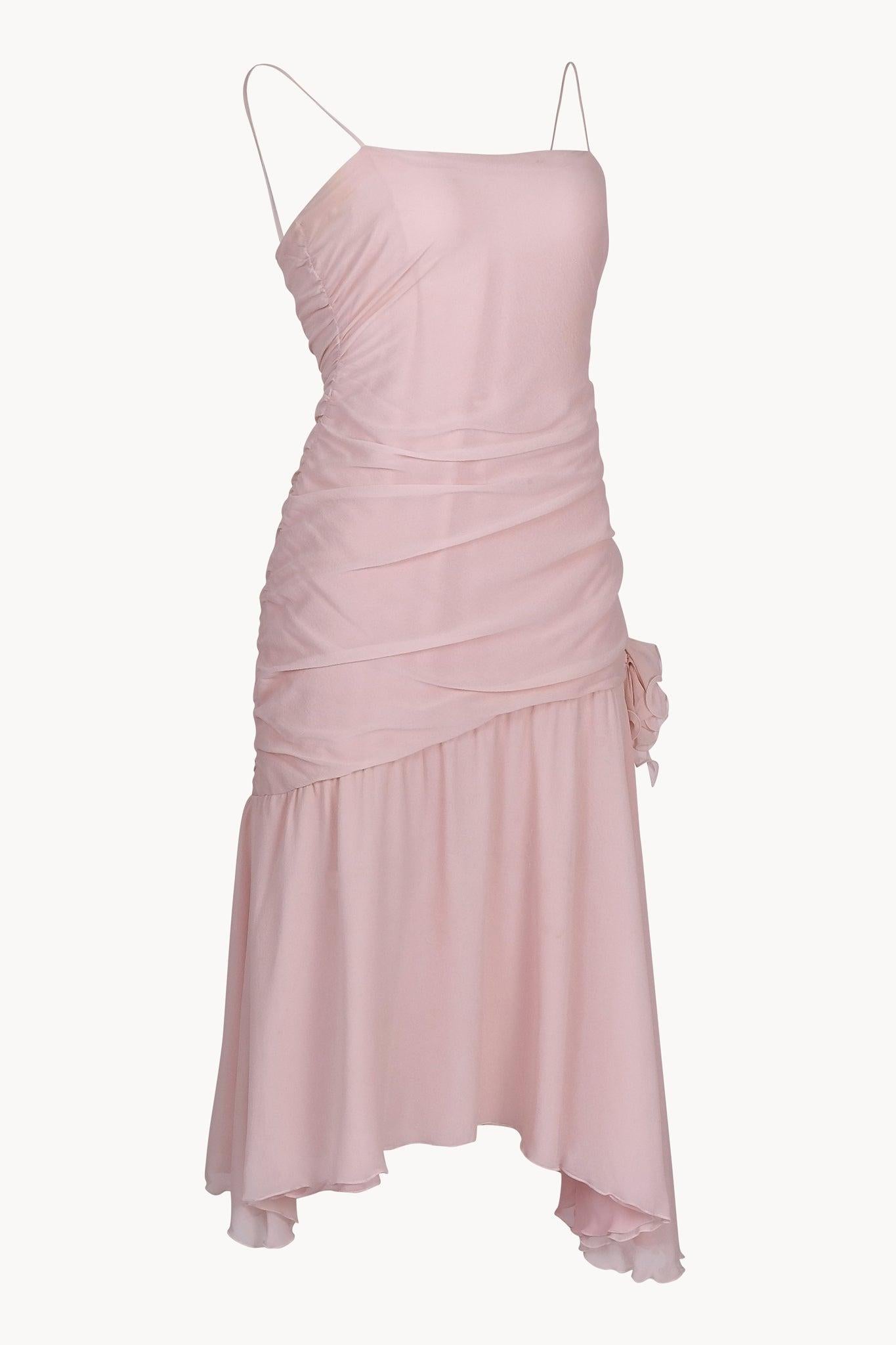 Emporio Armani silk pink dress from Fall Winter 2004 collection as seen on the runway that season. Features spaghetti straps, pink silk flower on left hip, and slit on left leg