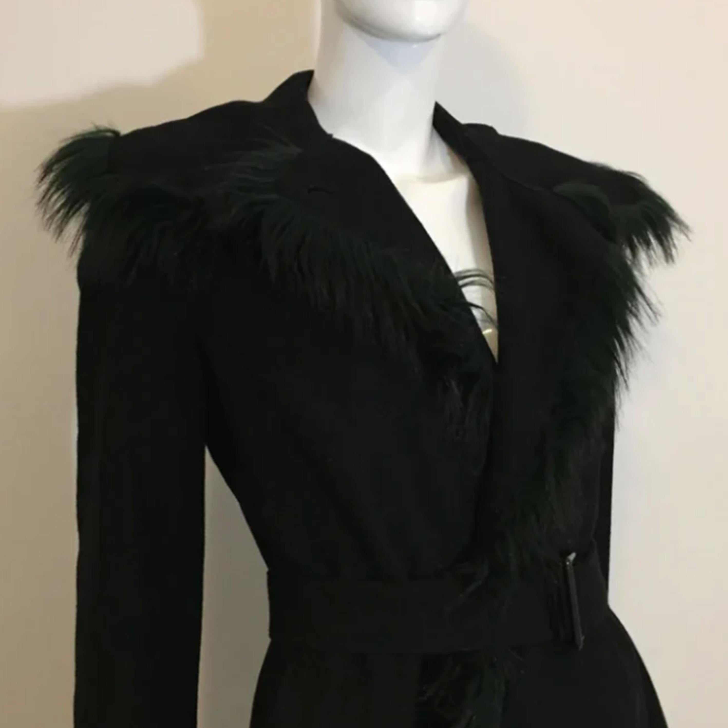 Women's EMPORIO ARMANI FW2000 Black wool coat with Green fur and belt