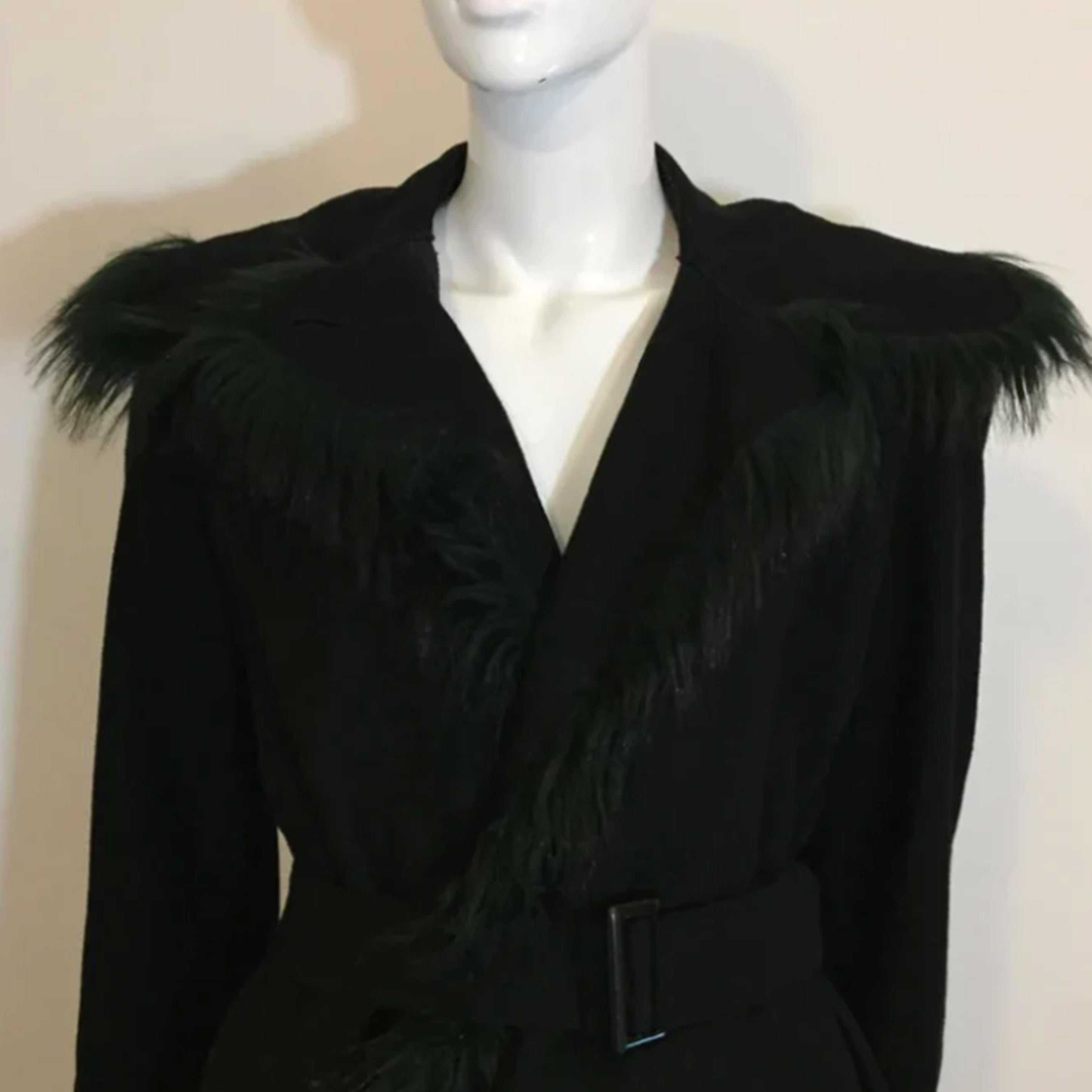 EMPORIO ARMANI FW2000 Black wool coat with Green fur and belt 2