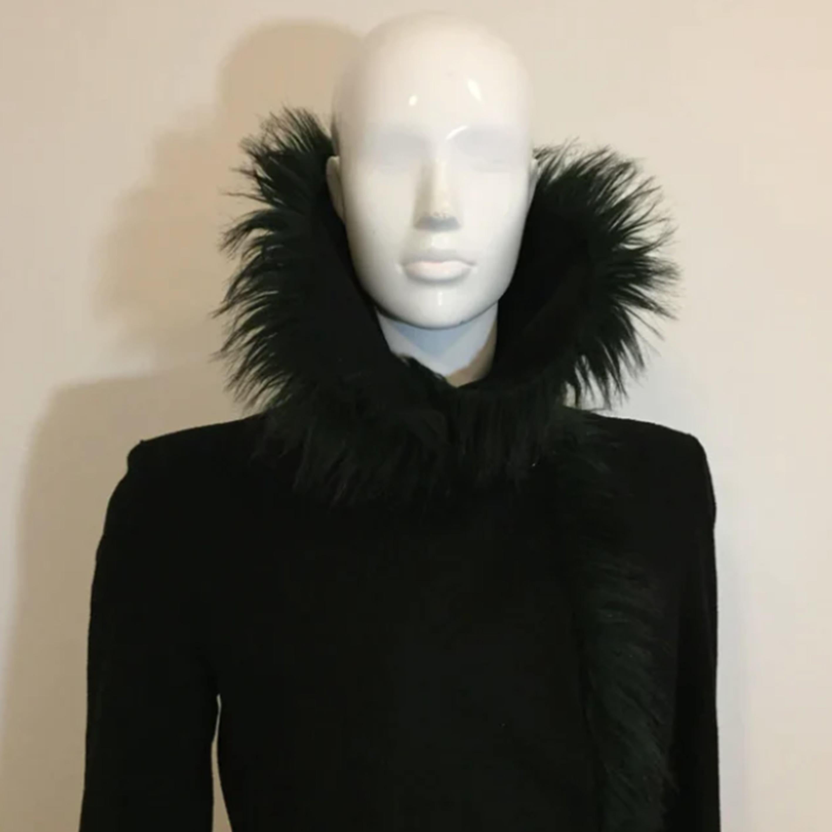 EMPORIO ARMANI FW2000 Black wool coat with Green fur and belt 3
