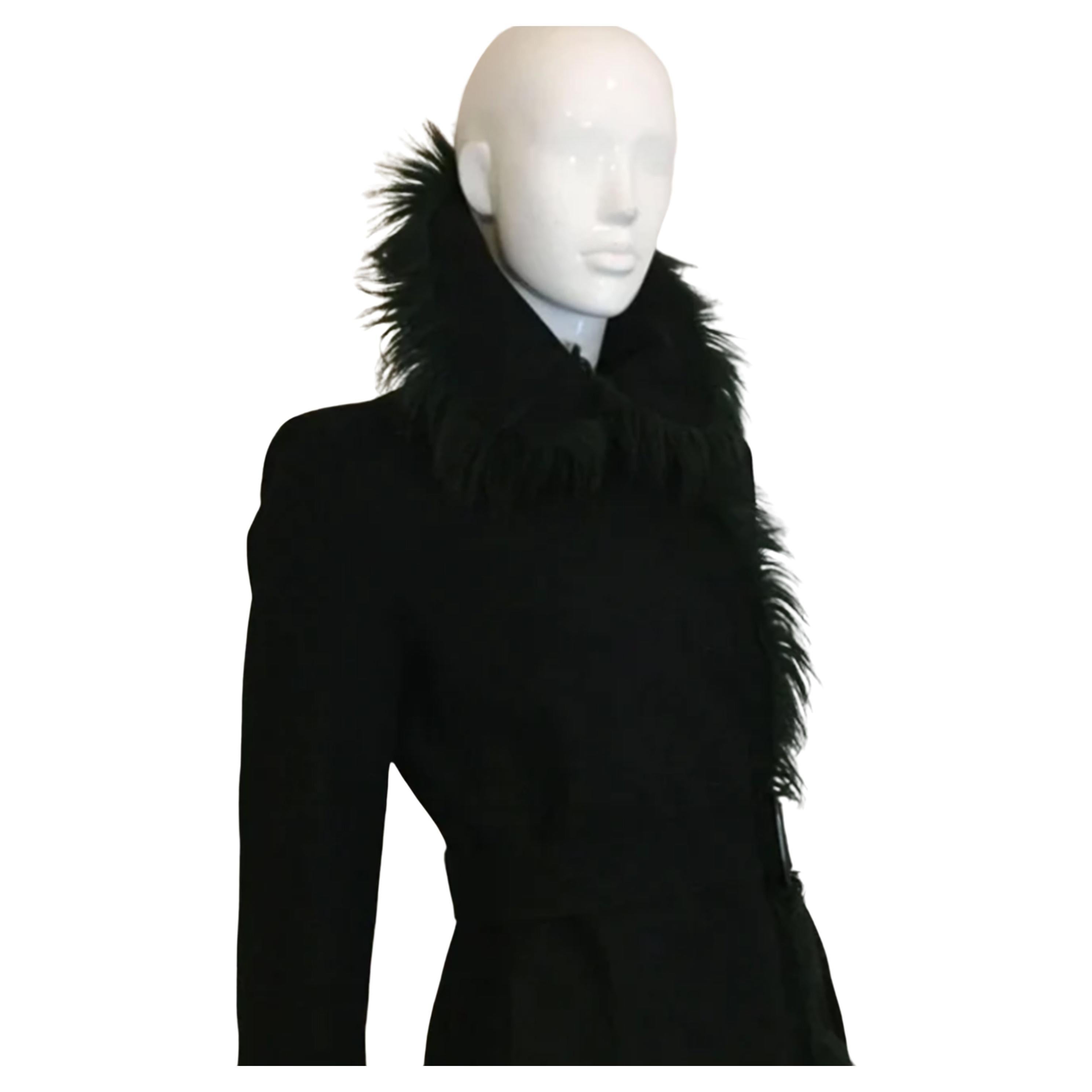 ARMANI FW2000 Black wool coat with Green fur and belt For Sale at