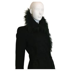 EMPORIO ARMANI FW2000 Black wool coat with Green fur and belt