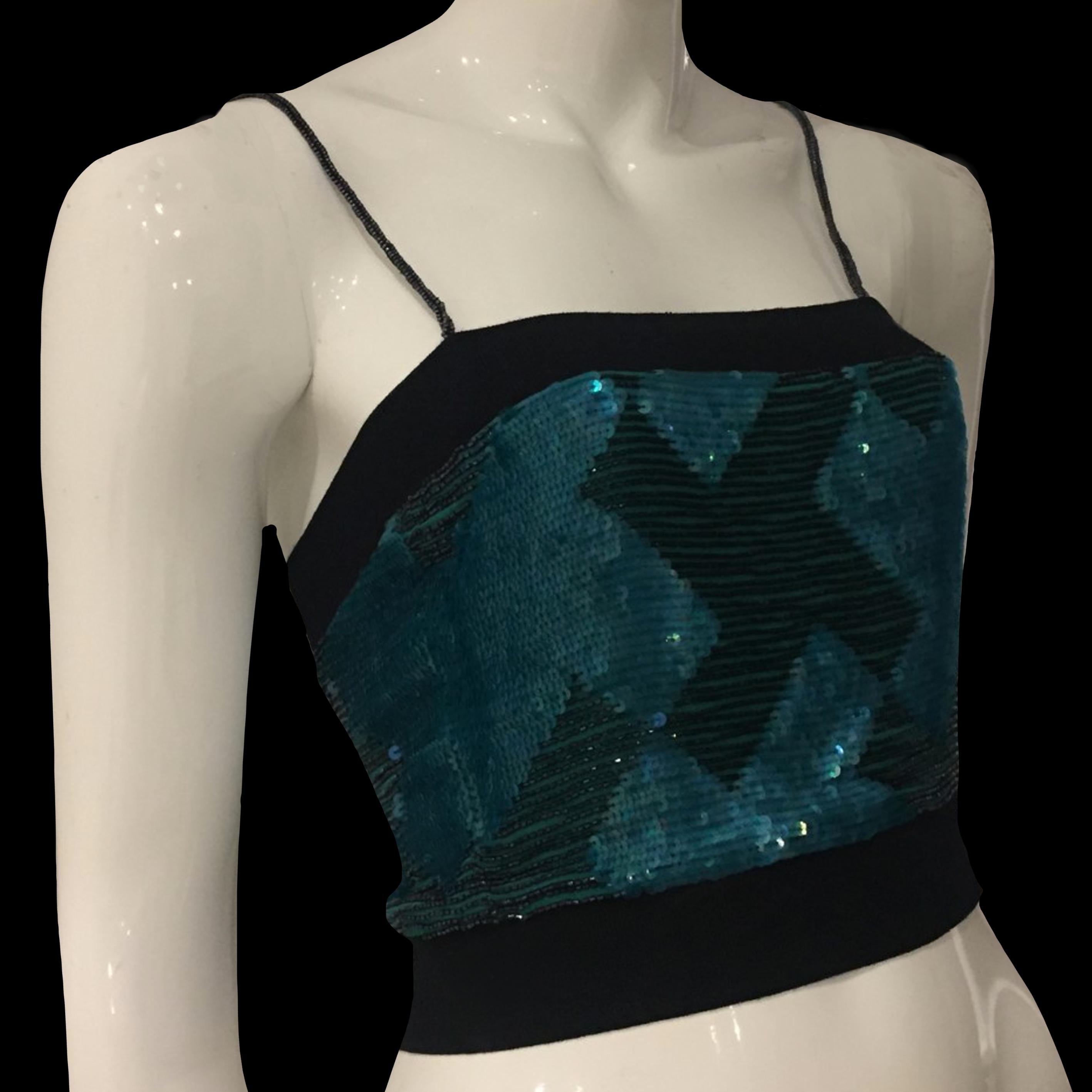 Black EMPORIO ARMANI FW2002 Turquoise sequins silk top with black pearls
