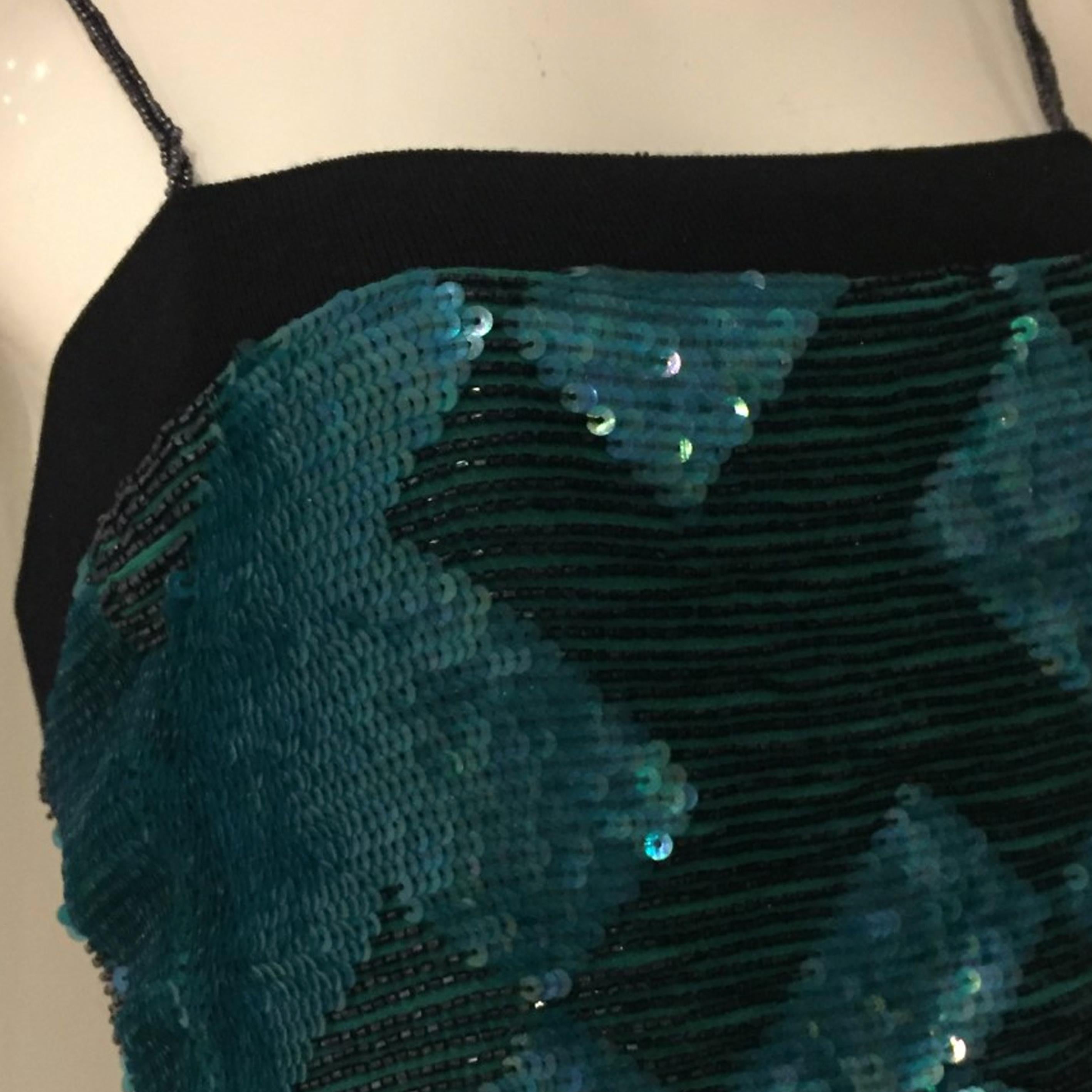 Women's EMPORIO ARMANI FW2002 Turquoise sequins silk top with black pearls