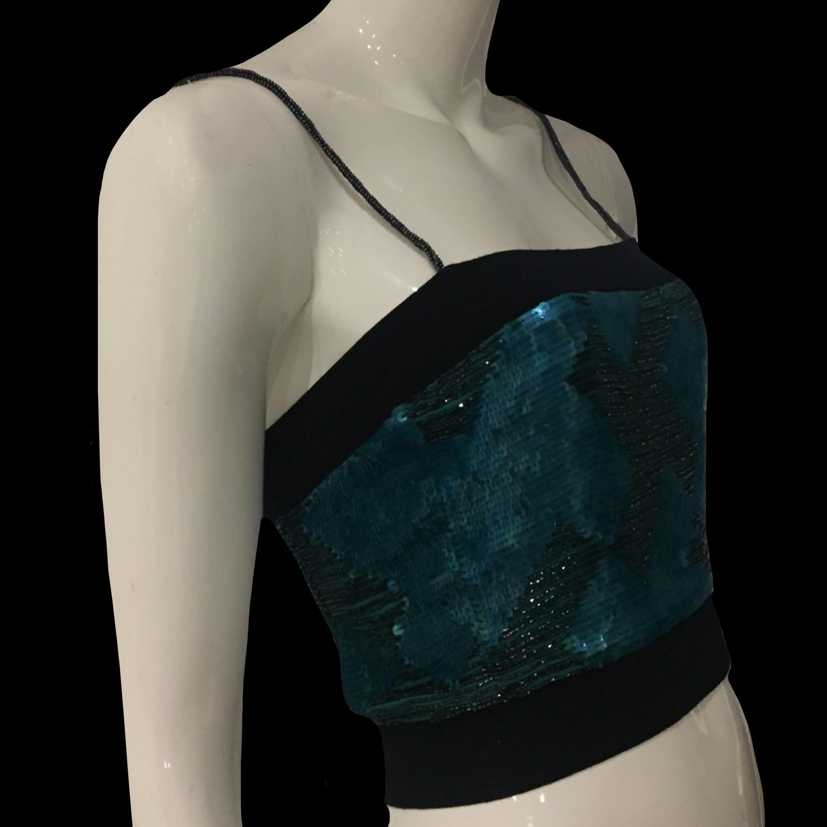 EMPORIO ARMANI FW2002 Turquoise sequins silk top with black pearls 1