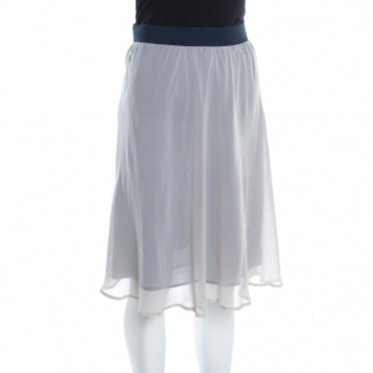 Emporio ARMANI Jupe trapèze en soie grise et bleu marine S en vente 1