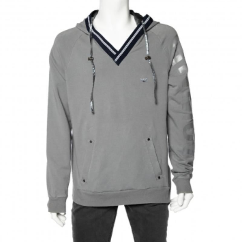 Emporio Armani - Sweat-shirt à capuche en tricot de coton gris avec bordure contrastée 3XL