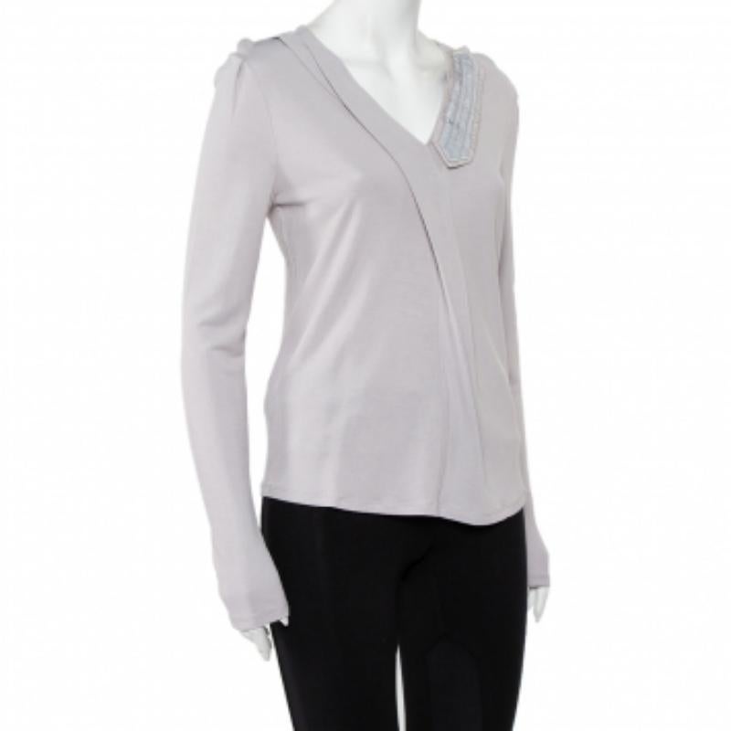 Emporio Armani Grey Knit Draped Detail Long Sleeve Top L In Good Condition For Sale In Dubai, Al Qouz 2