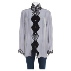 Emporio Armani Grey Silk Contrast Scalloped Lace Trim Flared Sleeve Shirt L