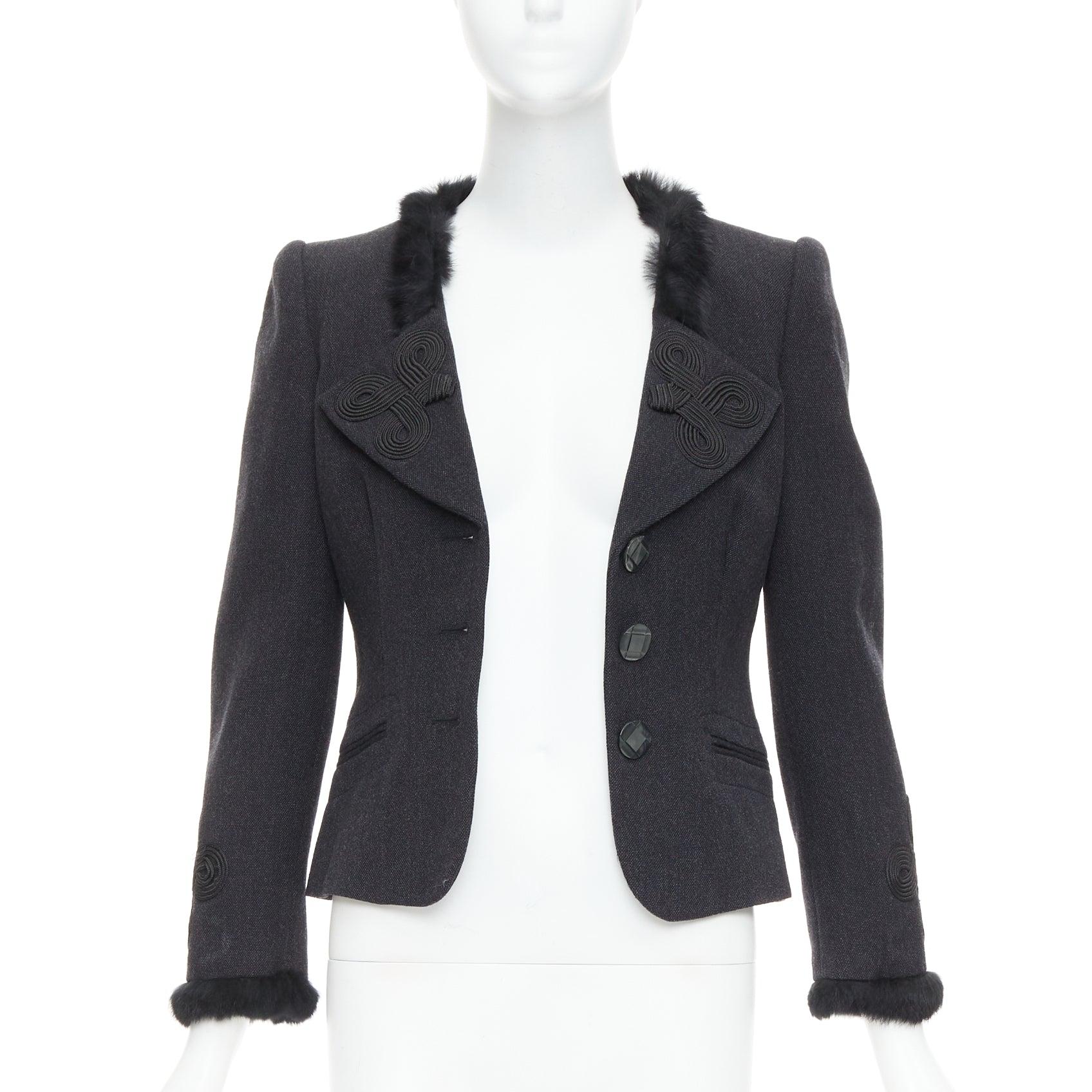 Black EMPORIO ARMANI grey virgin wool fur trim totem applique crop blazer IT42 M For Sale