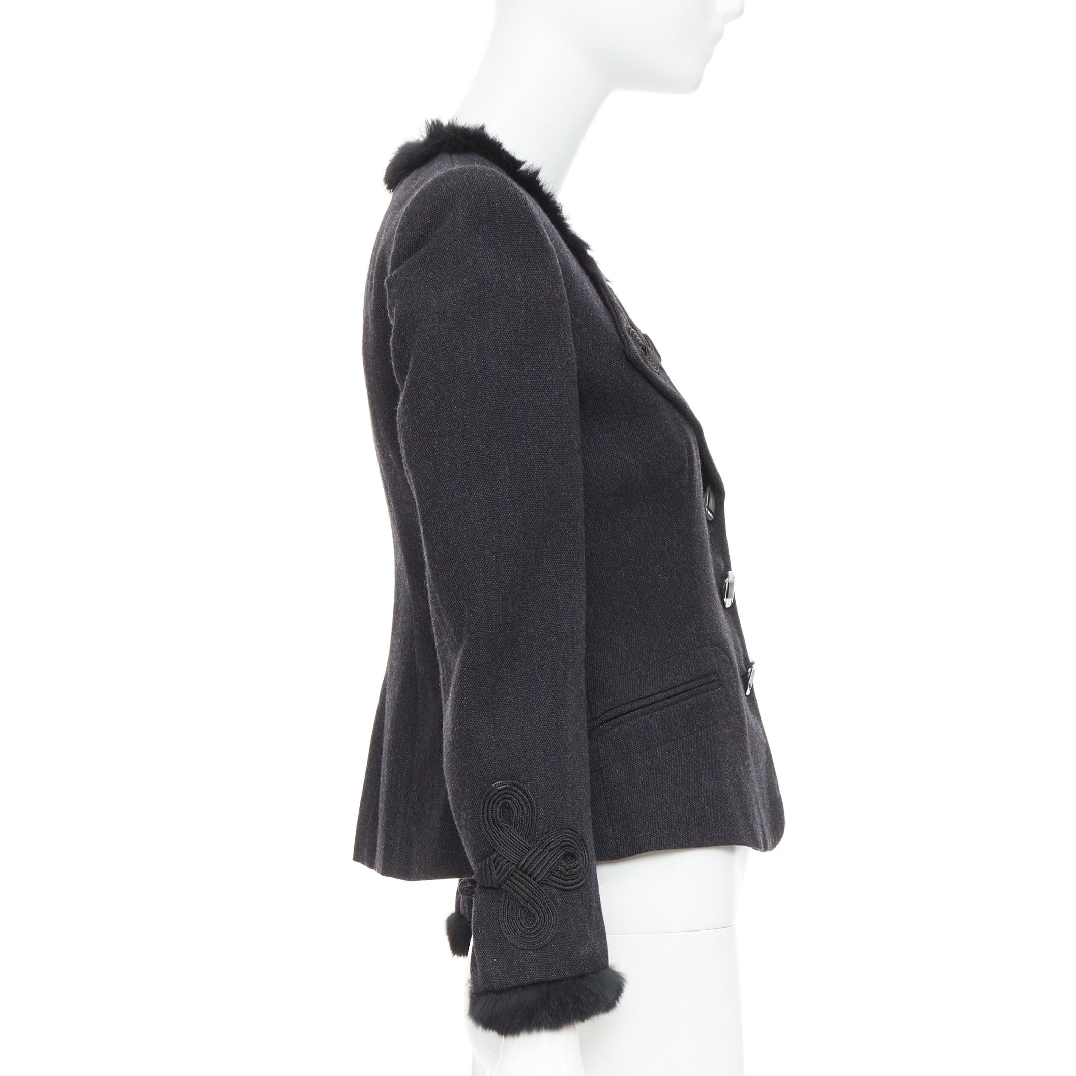 Women's EMPORIO ARMANI grey virgin wool fur trim totem applique crop blazer IT42 M For Sale