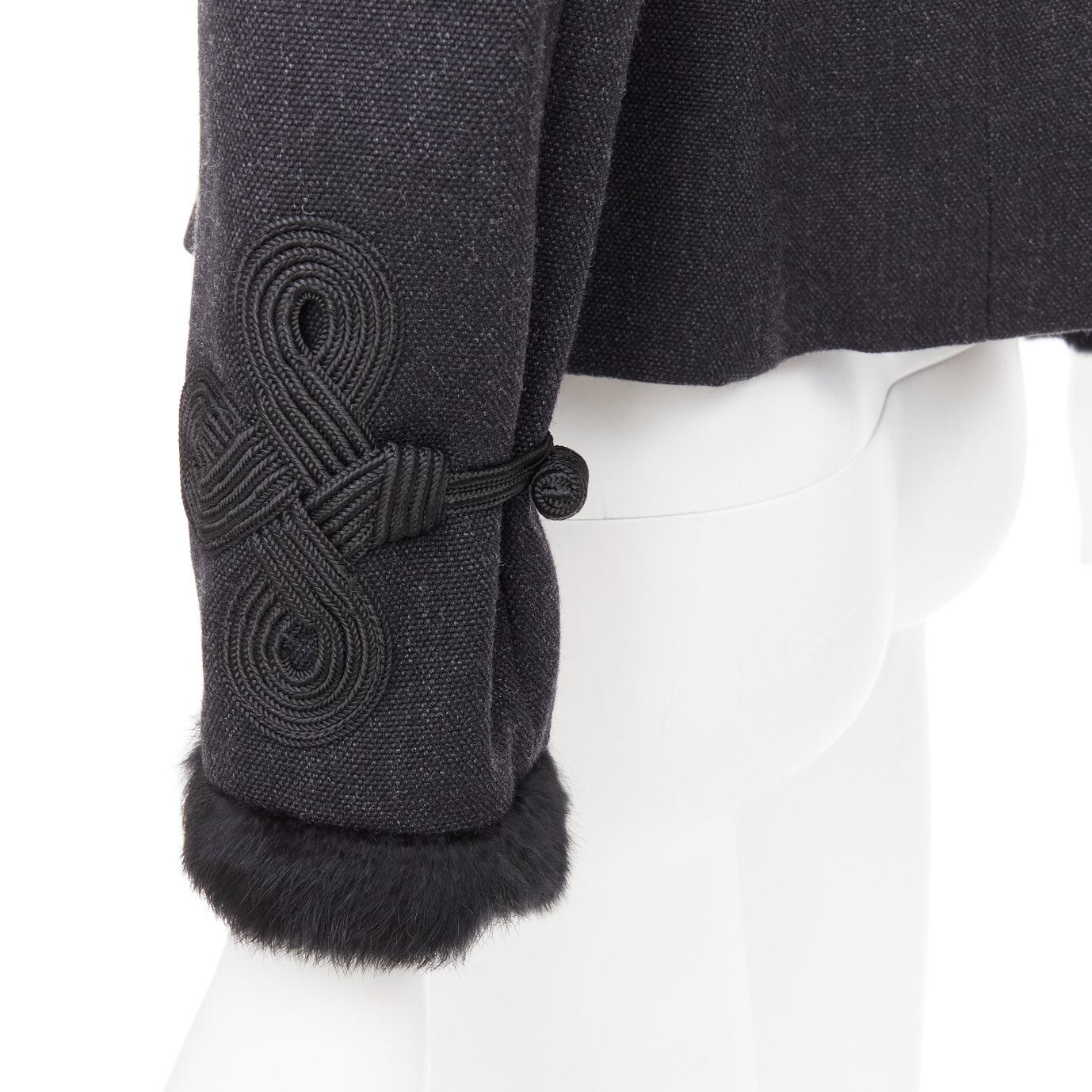EMPORIO ARMANI grey virgin wool fur trim totem applique crop blazer IT42 M For Sale 3