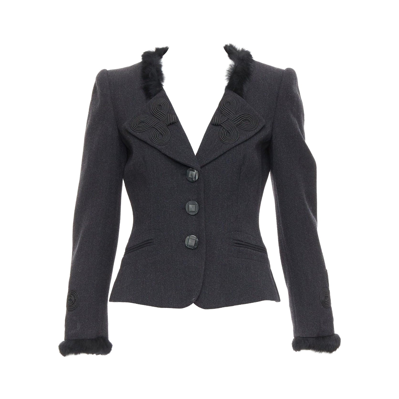EMPORIO ARMANI Grauer Schurwoll-Pelzbesatz mit Totem-Applikation Crop-Blazer IT42 M