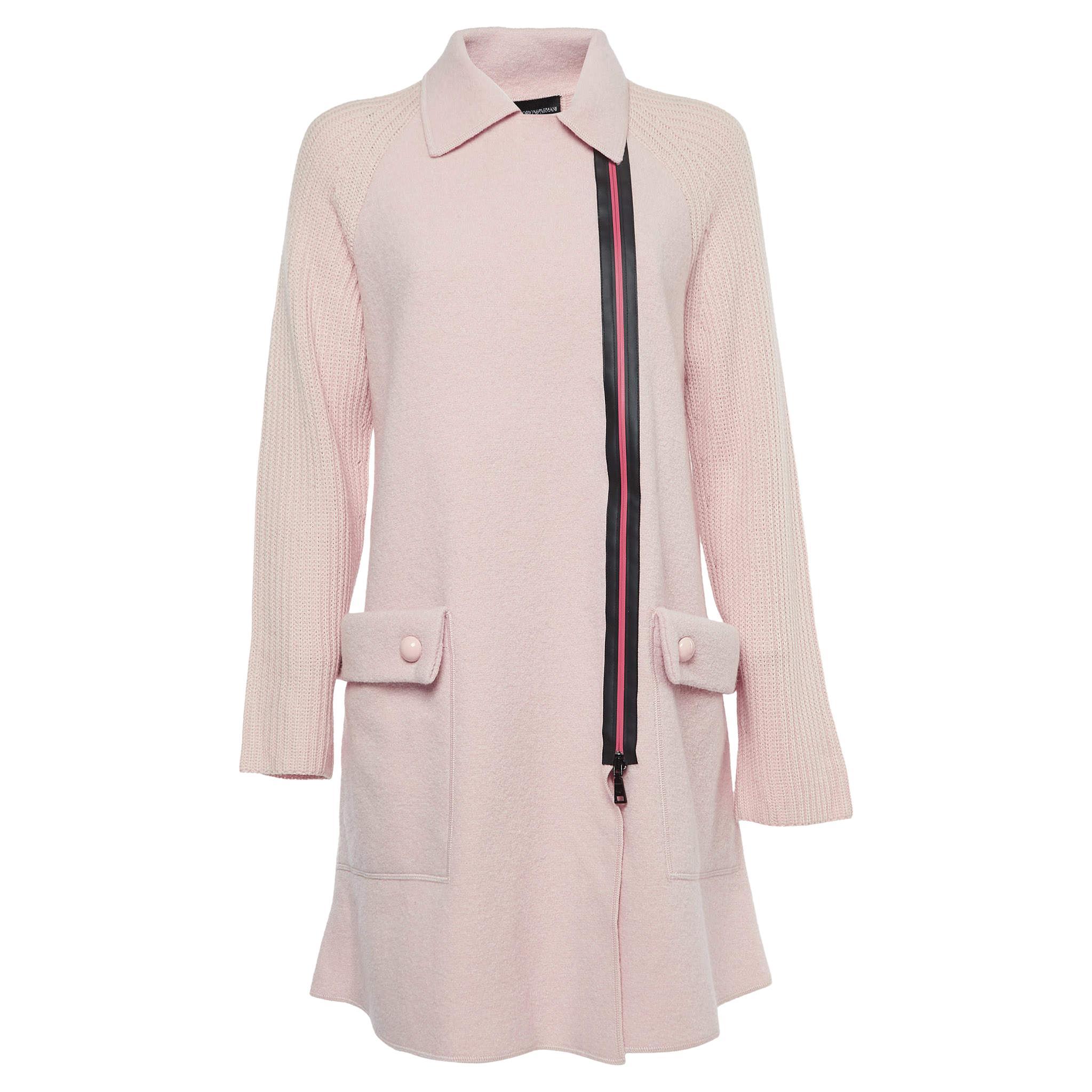 Emporio Armani Light Pink Wool Blend Zip Front Mid-Length Coat XS