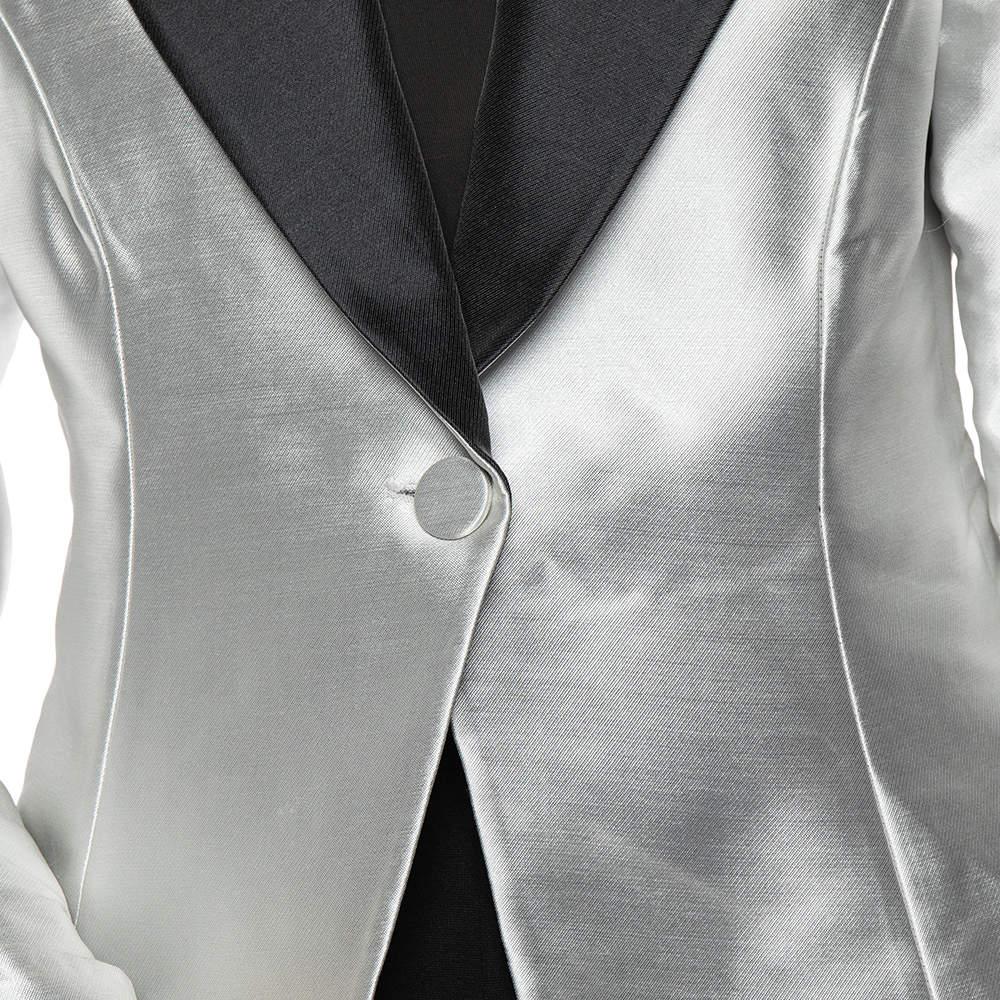 Women's Emporio Armani Metallic Silver Synthetic Contrast Detail Cropped Blazer L For Sale