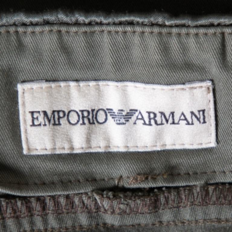 Emporio Armani Military Green Cotton Satin Trim Detail Trousers S In Good Condition For Sale In Dubai, Al Qouz 2