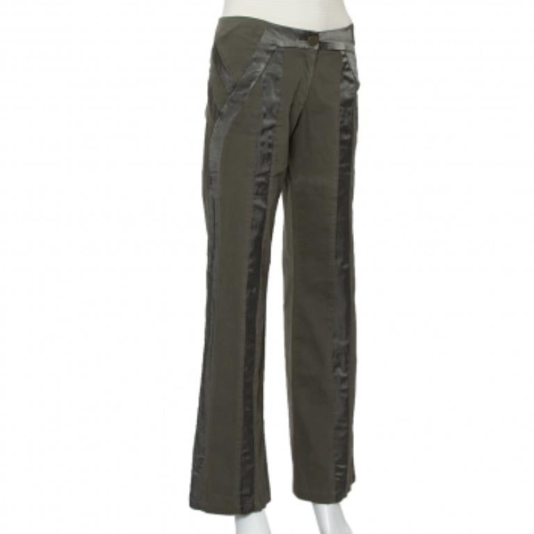 Women's Emporio Armani Military Green Cotton Satin Trim Detail Trousers S For Sale