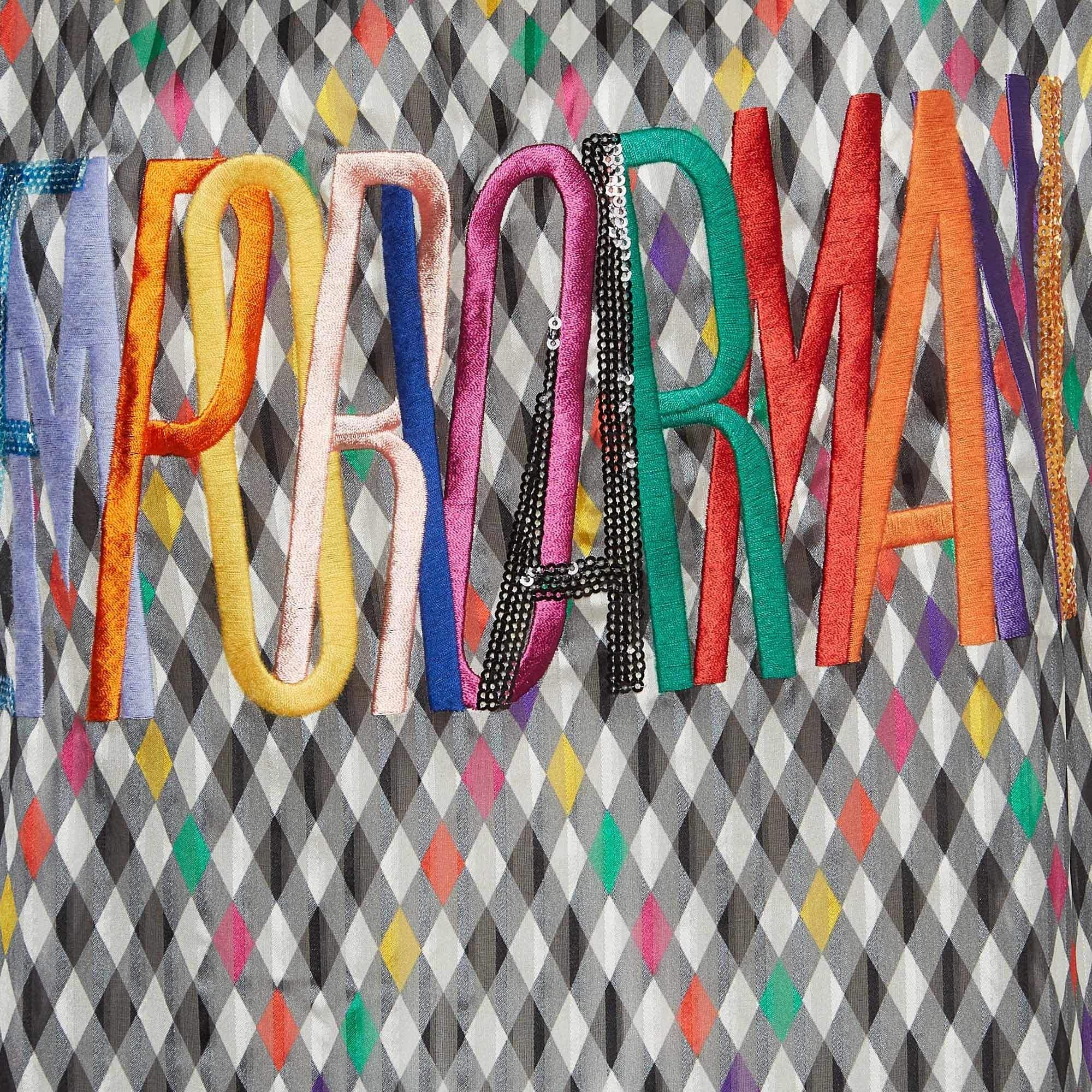 Grigio Emporio Armani Top ricamato in seta a quadri multicolore S in vendita