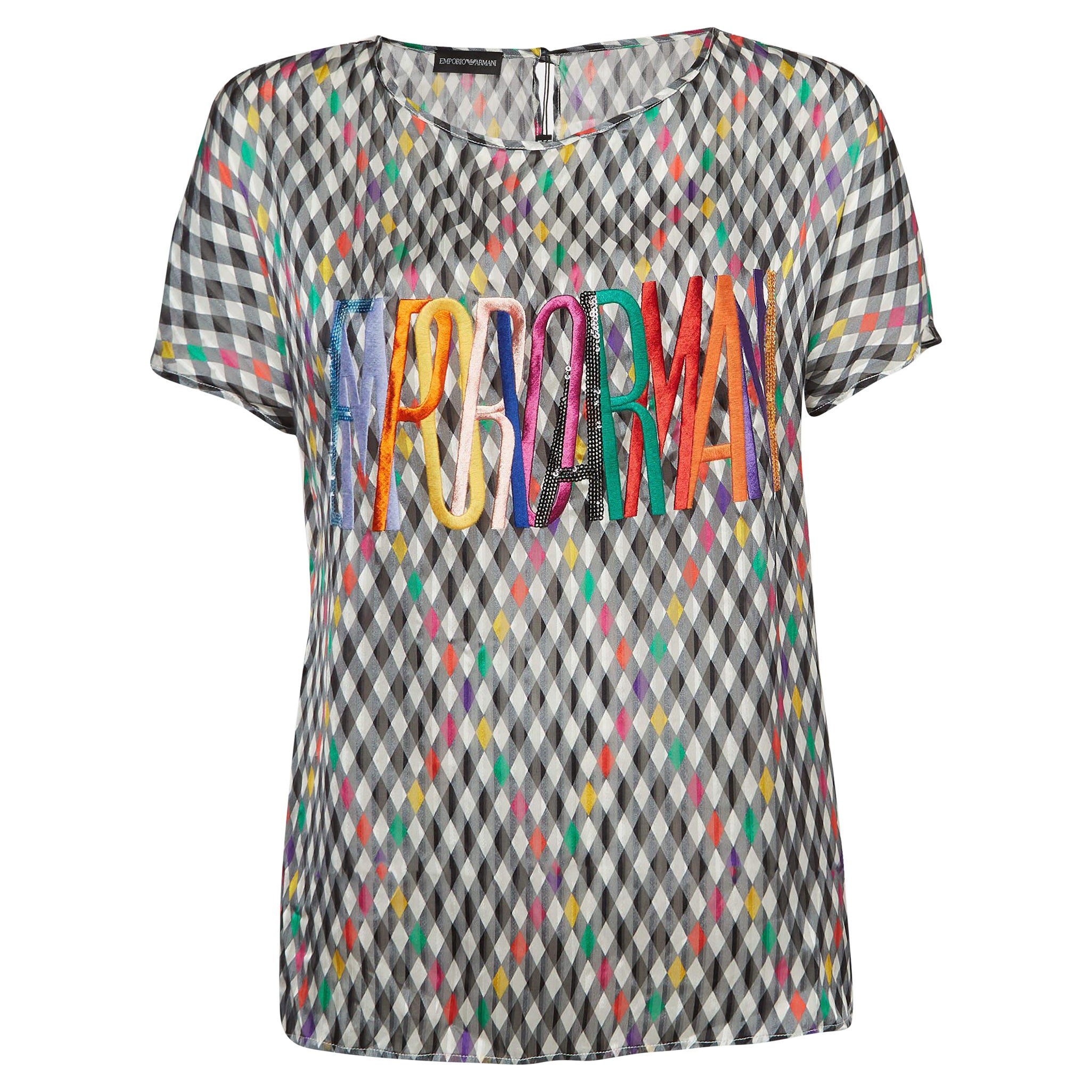 Emporio Armani Top ricamato in seta a quadri multicolore S in vendita