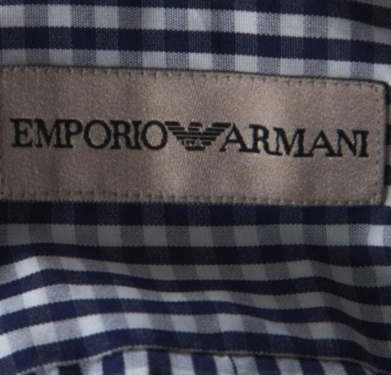 Emporio Armani Marineblaues und weiß kariertes langärmeliges Baumwollhemd XXL Herren im Angebot