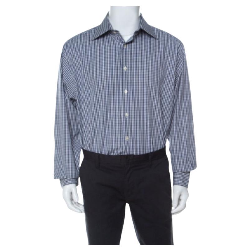 Emporio Armani Marineblaues und weiß kariertes langärmeliges Baumwollhemd XXL im Angebot