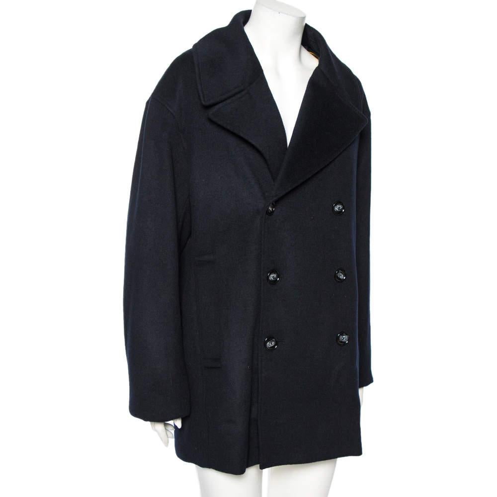 Black Emporio Armani Navy Blue Cashmere Double Breasted Coat XXXL For Sale
