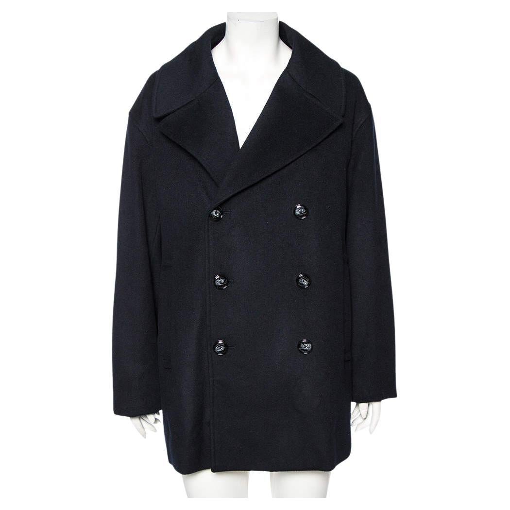 Emporio Armani Navy Blue Cashmere Double Breasted Coat XXXL For Sale