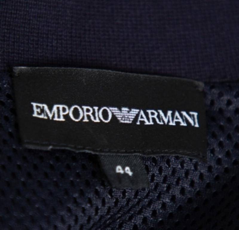 Emporio Armani Navy Blue Cotton Knit Trim Detail Collared Jacket M For Sale 1