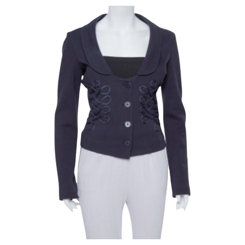 Emporio Armani Navy Blue Cotton Knit Trim Detail Collared Jacket M For Sale