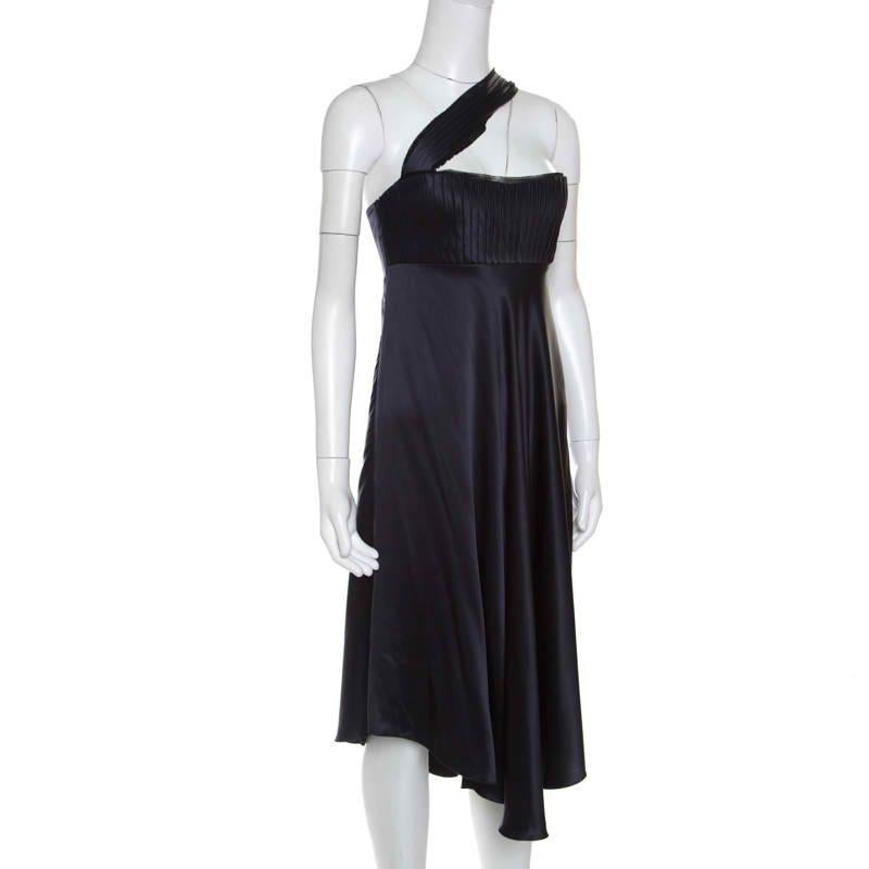 Black Emporio Armani Navy Blue Silk Pleat Detail One Shoulder Dress S