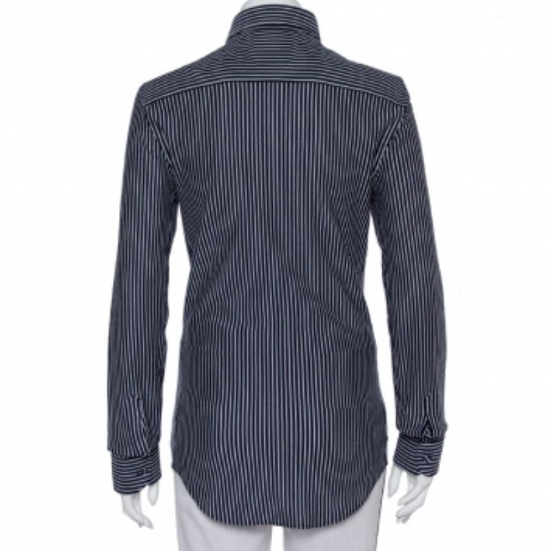 Black Emporio Armani Navy Blue Striped Cotton Knit Button Front Shirt S For Sale
