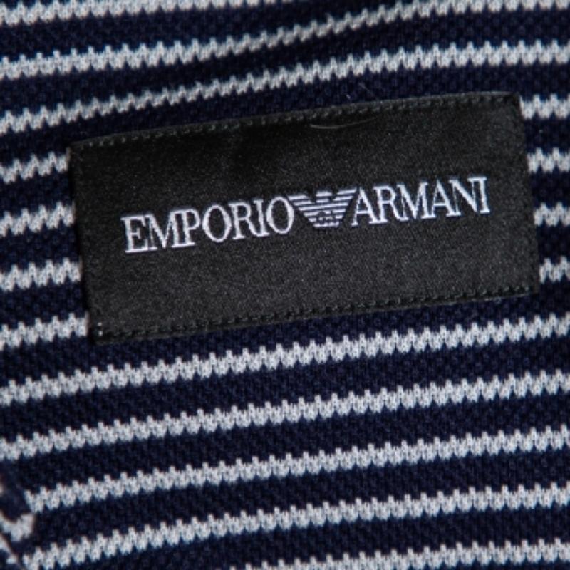 Emporio Armani Navy Blue Striped Cotton Knit Button Front Shirt S For Sale 2