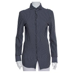 Emporio Armani Navy Blue Striped Cotton Knit Button Front Shirt S