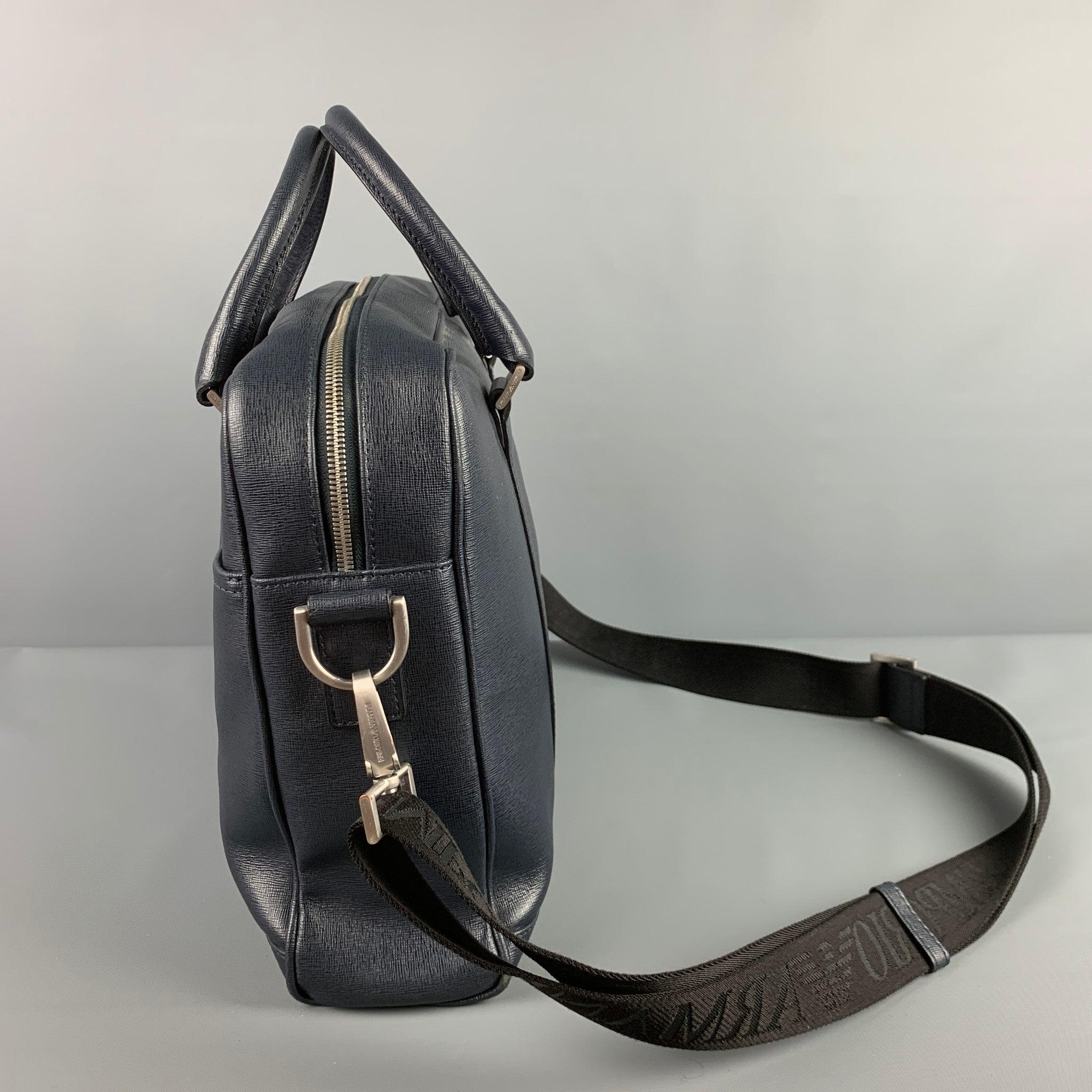 EMPORIO ARMANI Navy Textured Saffiano Leather Briefcase Bag In Good Condition For Sale In San Francisco, CA