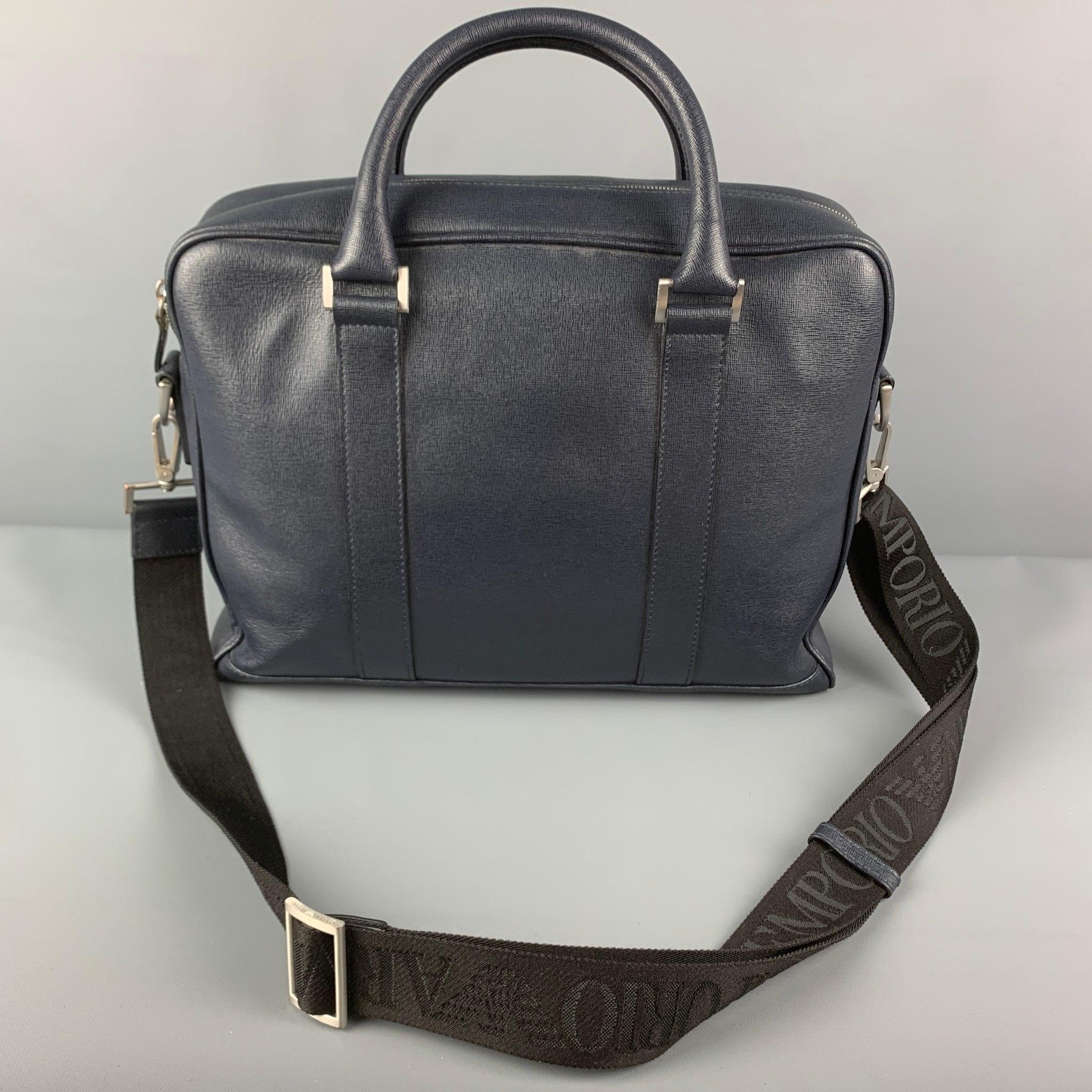 Men's EMPORIO ARMANI Navy Textured Saffiano Leather Briefcase Bag For Sale