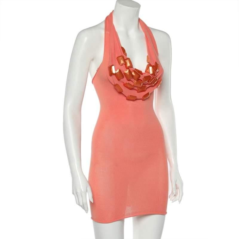 Emporio Armani Orangefarbenes gestricktes, verziertes Minikleid mit Neckholder-Ausschnitt S (Pink) im Angebot